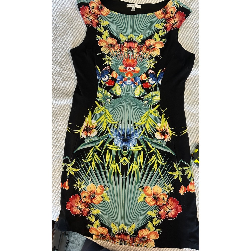 Sandra Darren floral body con black floral dress sz 10 jewel classic cruise date
